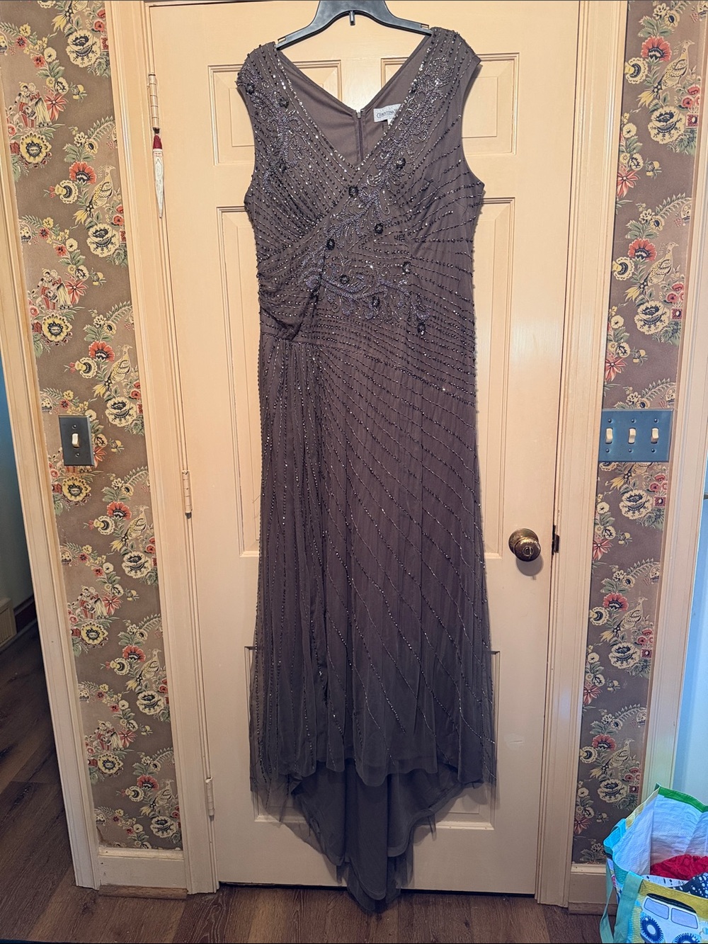 Christina Wu Beaded High-Low Evening Gown in Gray